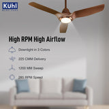 Ceiling fan with Kühl branding and product features listed on a gray background.