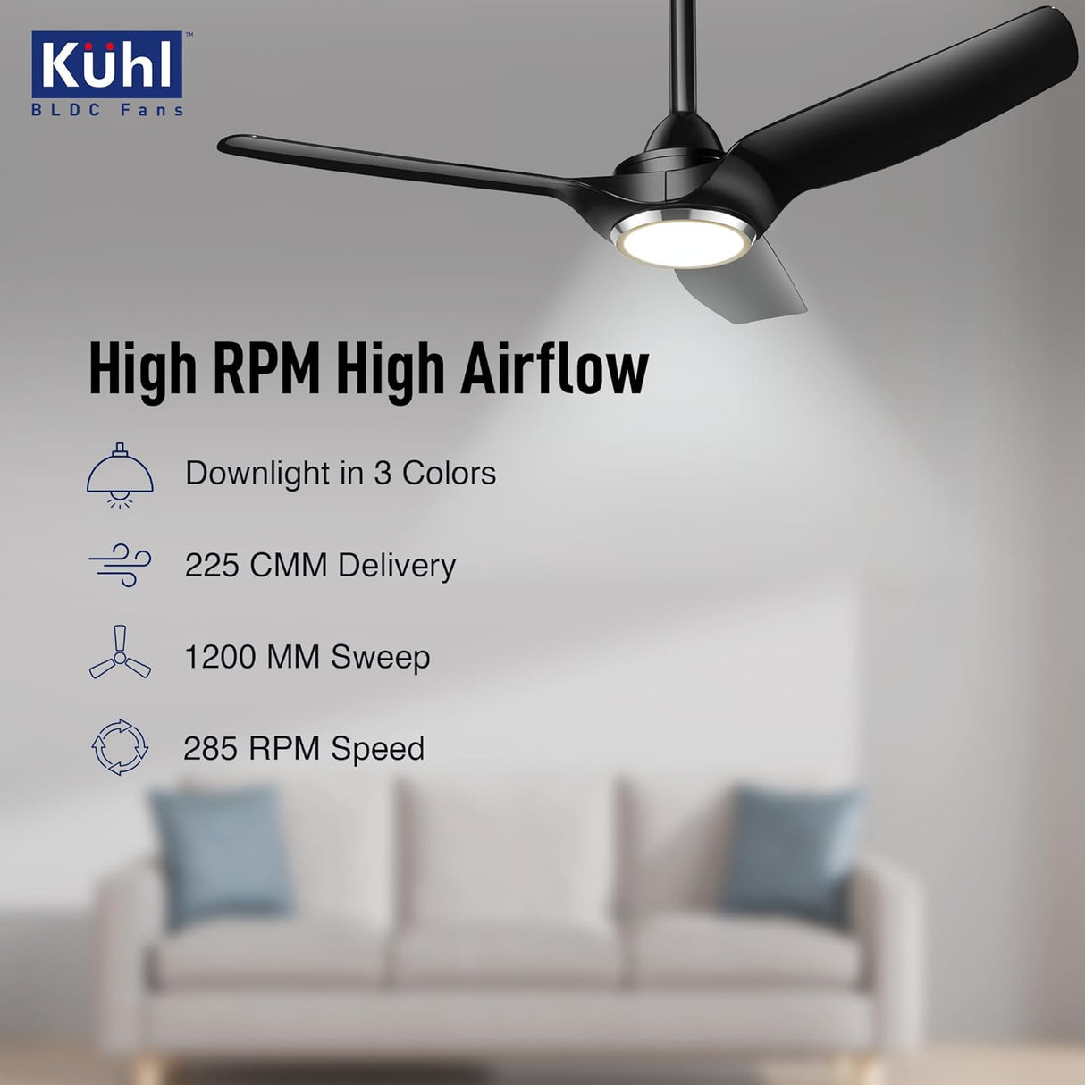 Ceiling fan with Kuhl logo and product features in a living room setting