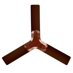 A ceiling fan with a mahogany finish and a luminous center.