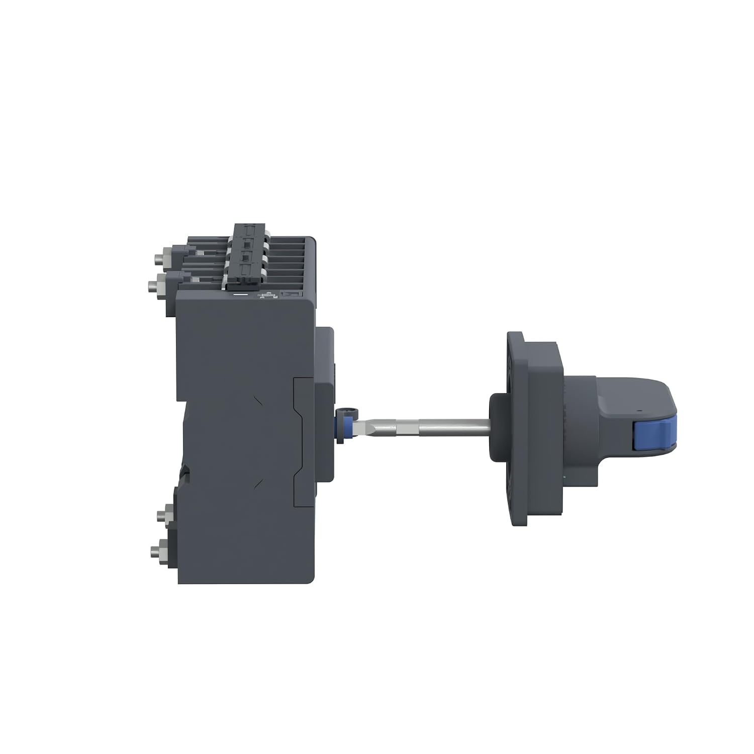 A dark gray industrial electrical component with a side terminal block, a horizontal metal shaft, and a rotary switch knob with a blue accent, shown on a plain white background.