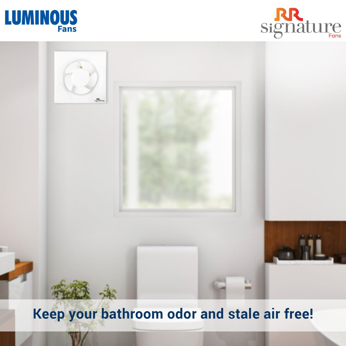Bathroom with a window and Luminous Fans branding