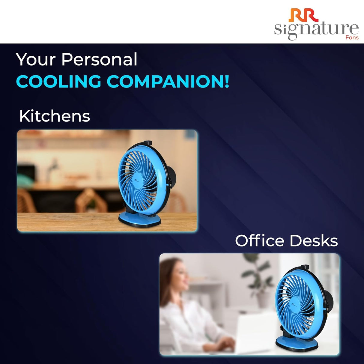 Blue fan with text highlighting its use in kitchens and office desks, featuring RR Signature logo.