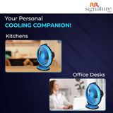 Blue fan with text highlighting its use in kitchens and office desks, featuring RR Signature logo.