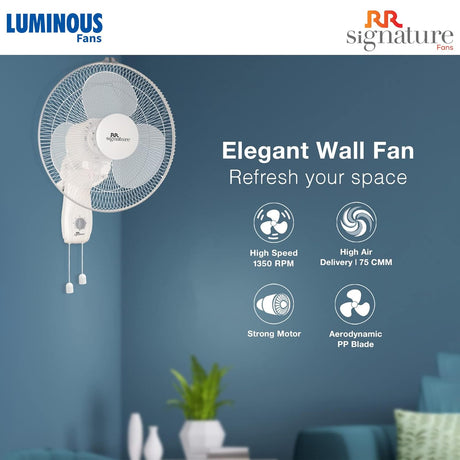 Luminous Fans wall fan on a blue wall with product features listed.
