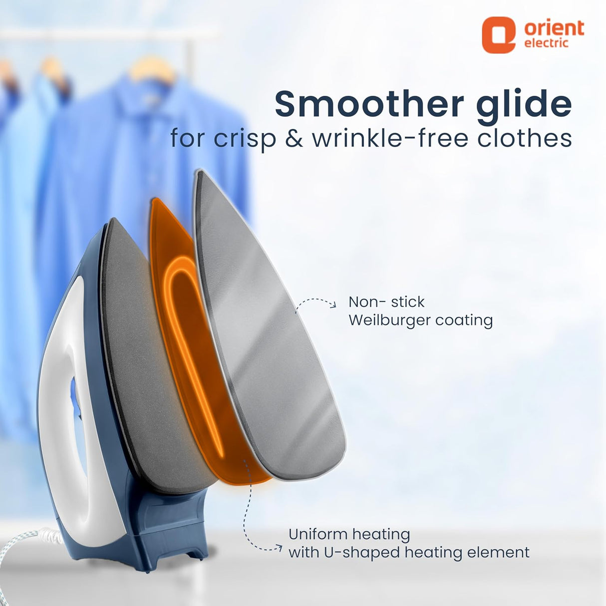 Orient Electric iron with text on a blurred background of clothes hanging.