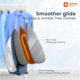 Orient Electric iron with text on a blurred background of clothes hanging.