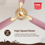 Ceiling fan with decorative design on a beige and pink background, featuring text about high-speed motor and free installation offer.