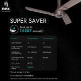 Nex ceiling fan with energy saving benefits on a dark background