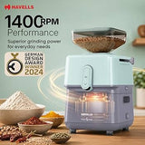 Grinding machine with ingredients on a wooden surface, featuring Havells branding and design award badge.