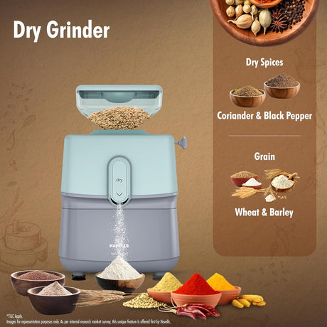 Dry grinder with ingredients like coriander, black pepper, wheat, and barley on a brown background.