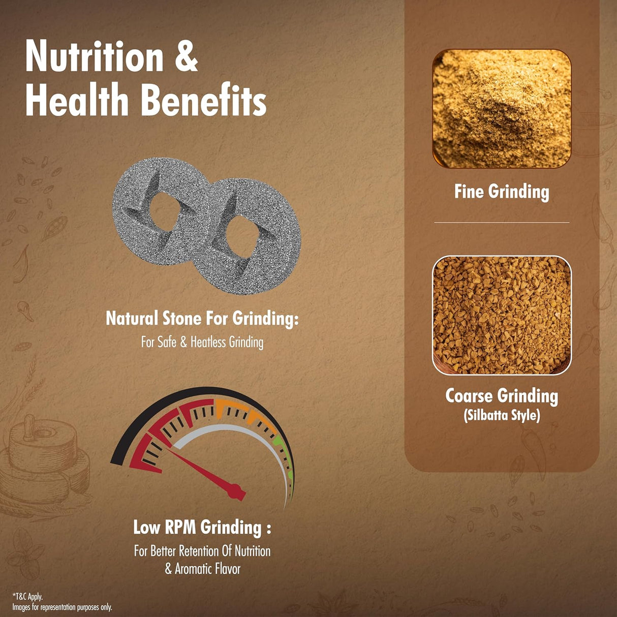 Nutrition and health benefits of a natural stone grinder with grinding process illustrations on a brown background.