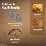 Nutrition and health benefits of a natural stone grinder with grinding process illustrations on a brown background.