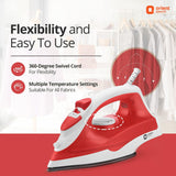 Red and white iron with text highlighting features on a white background