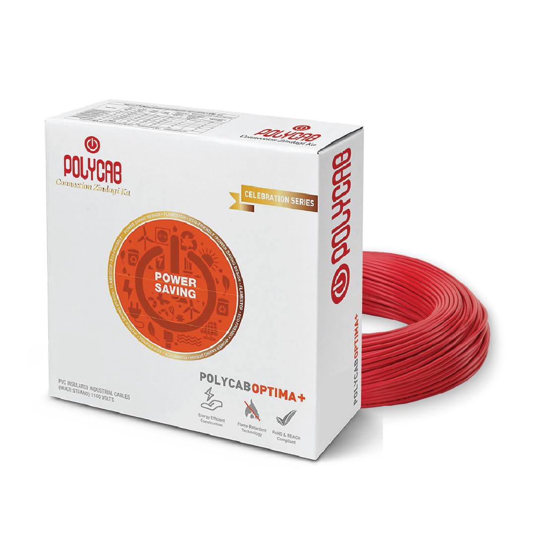 Polycab Optima+ cable packaging with red cable on a white background