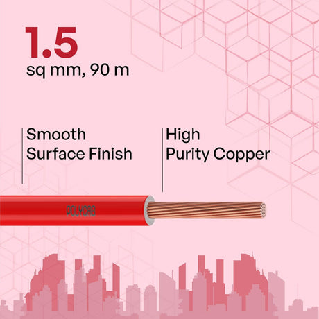 Cable with red jacket and copper core on a pink geometric patterned background