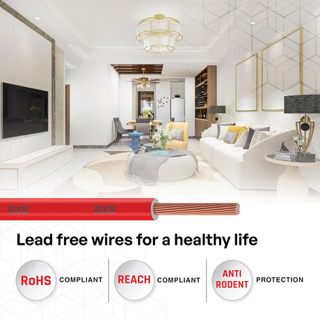 Modern living room with a cable labeled 'Lead free wires for a healthy life' and compliance badges.