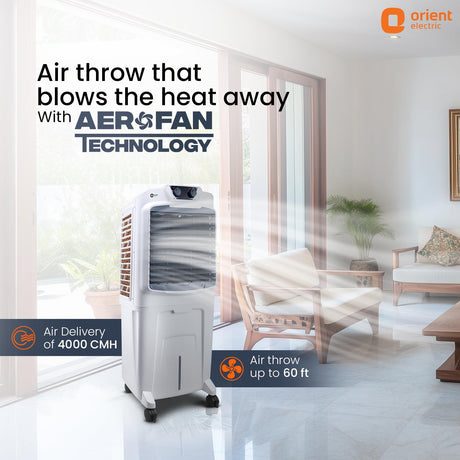 Air cooler with Aerofan technology in a modern living room setting, featuring Orient Electric branding.