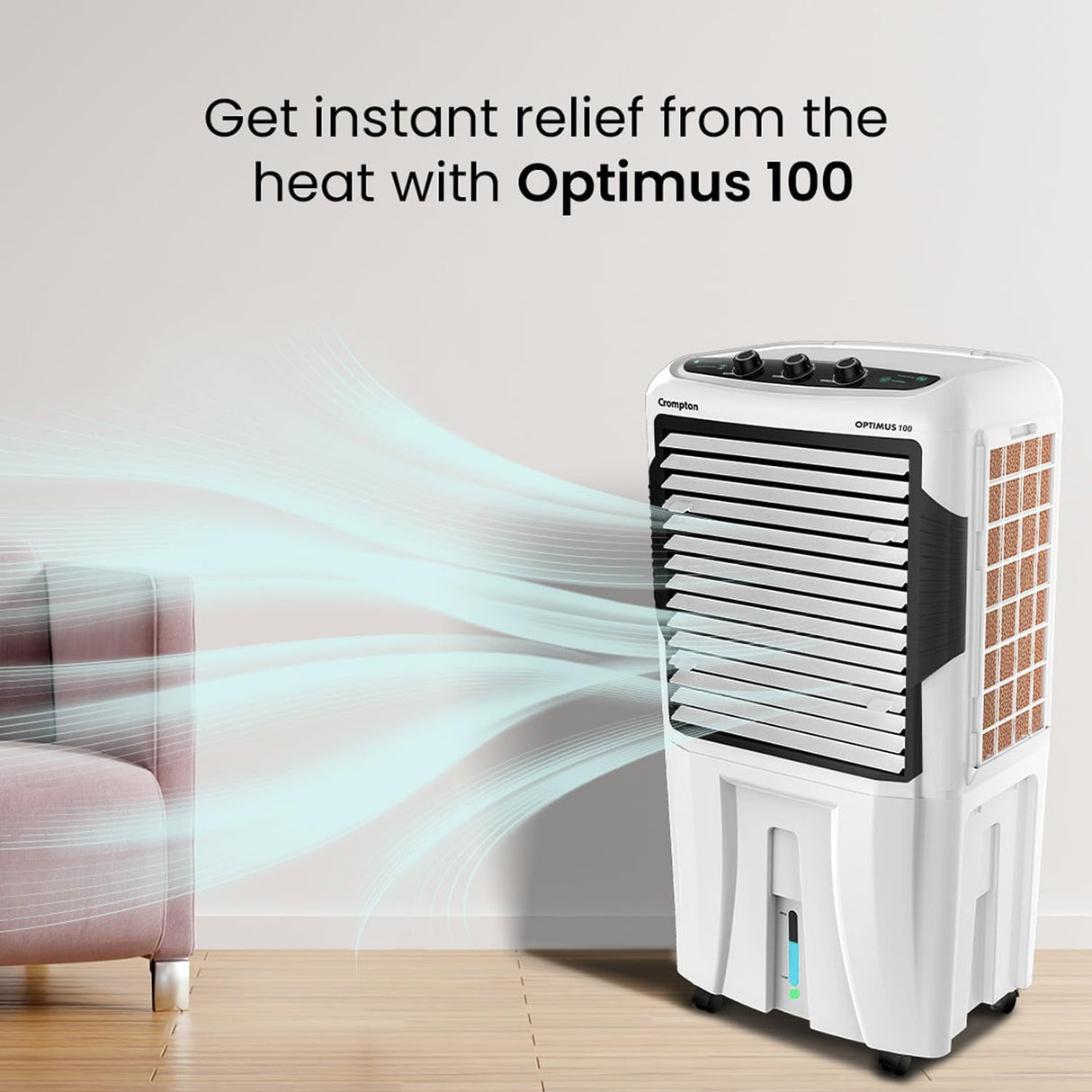 Portable air conditioner with text 'Get instant relief from the heat with Optimus 100' in a room setting.