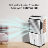 Portable air conditioner with text 'Get instant relief from the heat with Optimus 100' in a room setting.