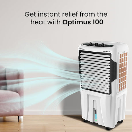Portable air conditioner with text 'Get instant relief from the heat with Optimus 100' in a room setting.