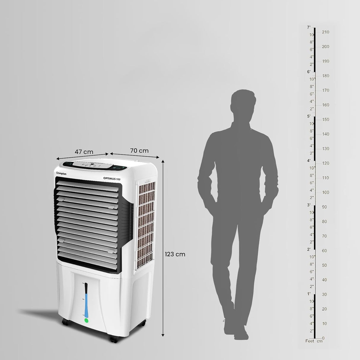 Portable air conditioner with dimensions and a silhouette of a person for scale on a gray background