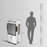 Portable air conditioner with dimensions and a silhouette of a person for scale on a gray background