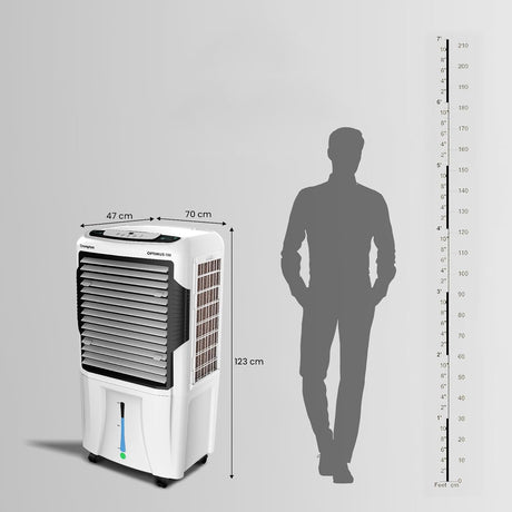 Portable air conditioner with dimensions and a silhouette of a person for scale on a gray background