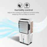 Air cooler with humidity control features on a light gray background