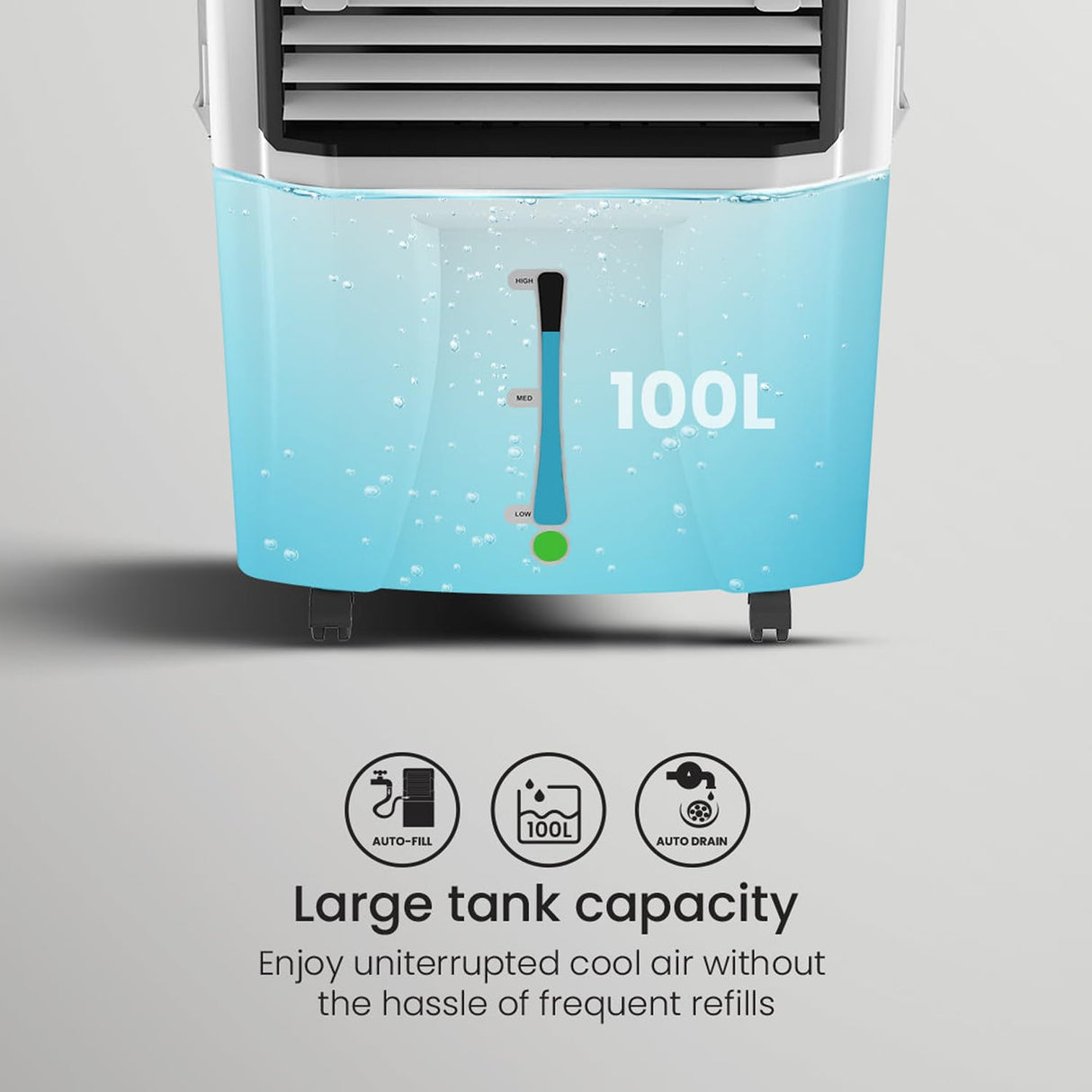 Blue portable air conditioner with a large tank capacity on a gray background