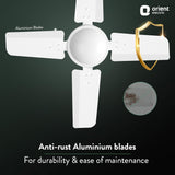 Ceiling fan with anti-rust aluminium blades on a dark background, featuring Orient Electric logo.