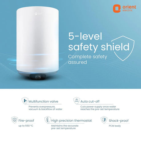 Orient Electric 5-level safety shield water purifier in white, shown on a blue and white promotional background with feature callouts.