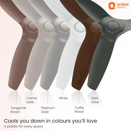 Set of orient electric fan blades in various colors on a white background
