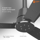 Ceiling fan with orient electric branding and text about features.