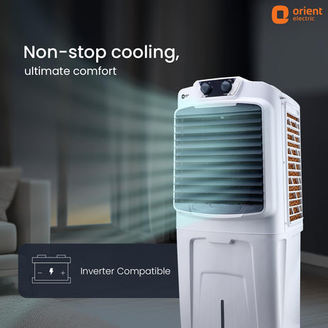 Orient Electric air cooler with text 'Non-stop cooling, ultimate comfort' in a room setting.