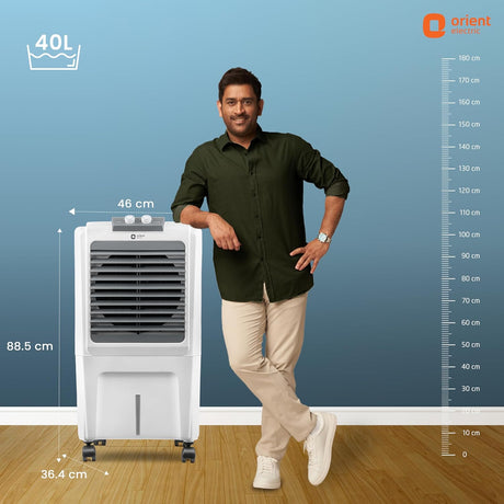 Man standing next to a portable air cooler with dimensions indicated on a blue background