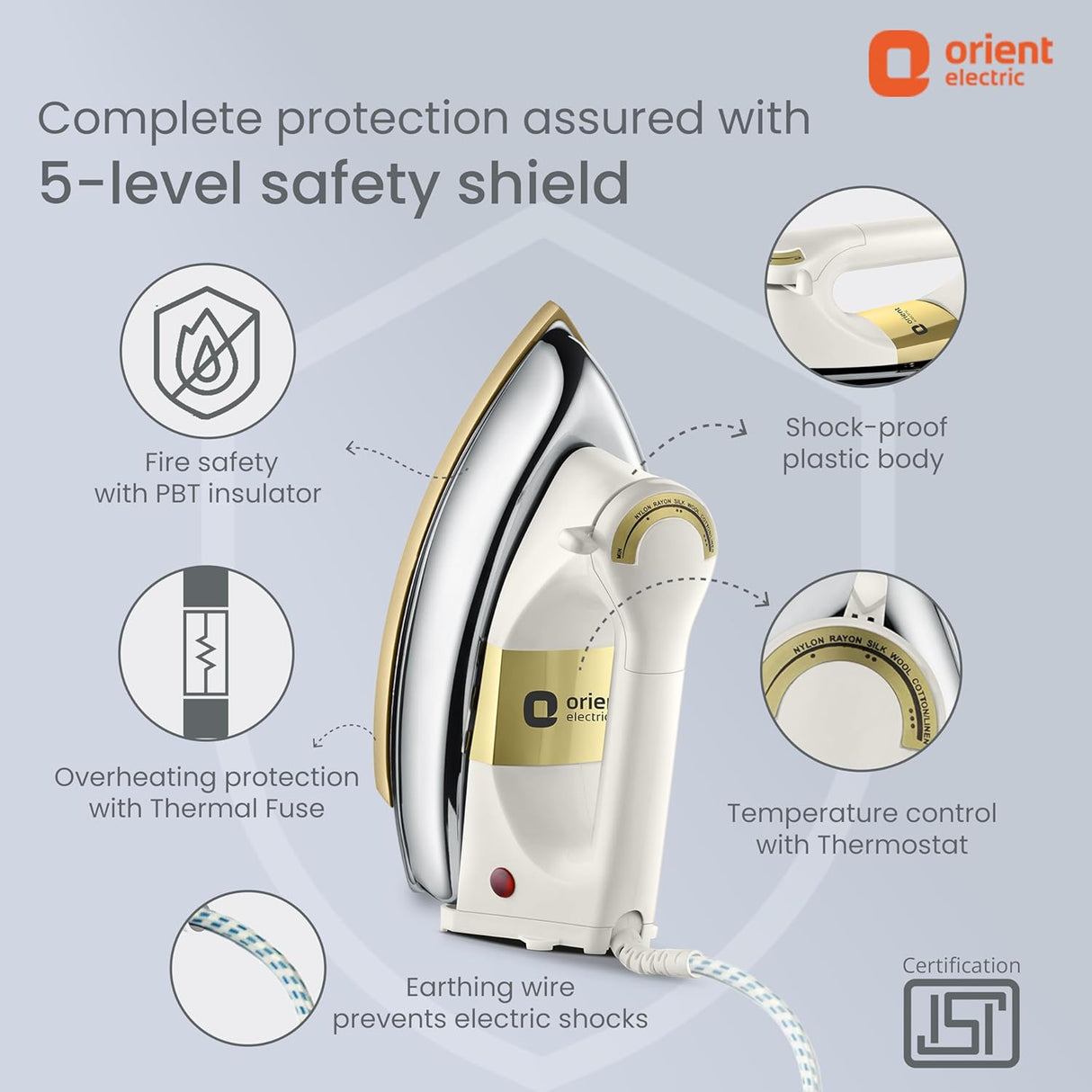 Dry iron with safety features highlighted on a light blue background, featuring Orient Electric branding.