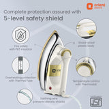 Dry iron with safety features highlighted on a light blue background, featuring Orient Electric branding.