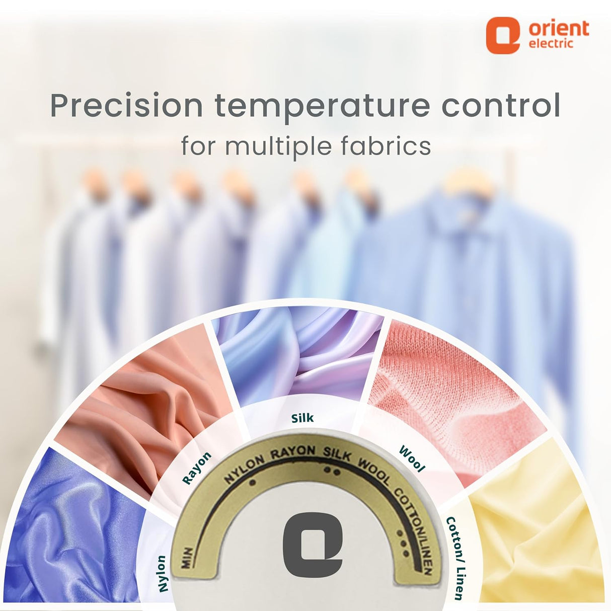 Orient Electric fabric temperature control device with fabric swatches and text on a light background