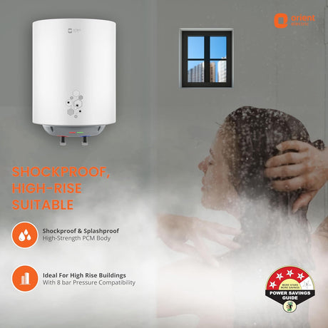 Hot water heater with a person showering and text highlighting features