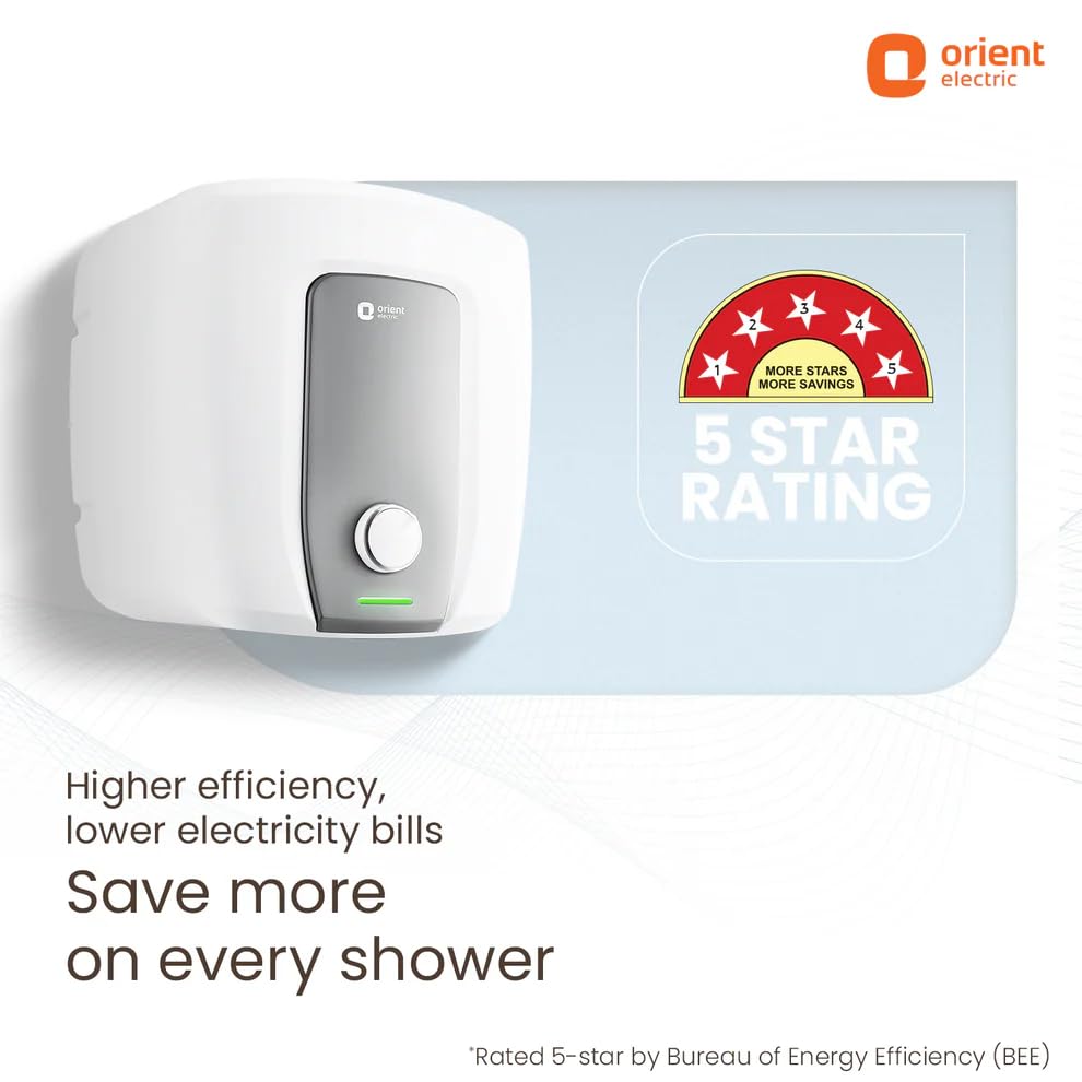 Orient Electric water heater with 5-star rating label on a white background