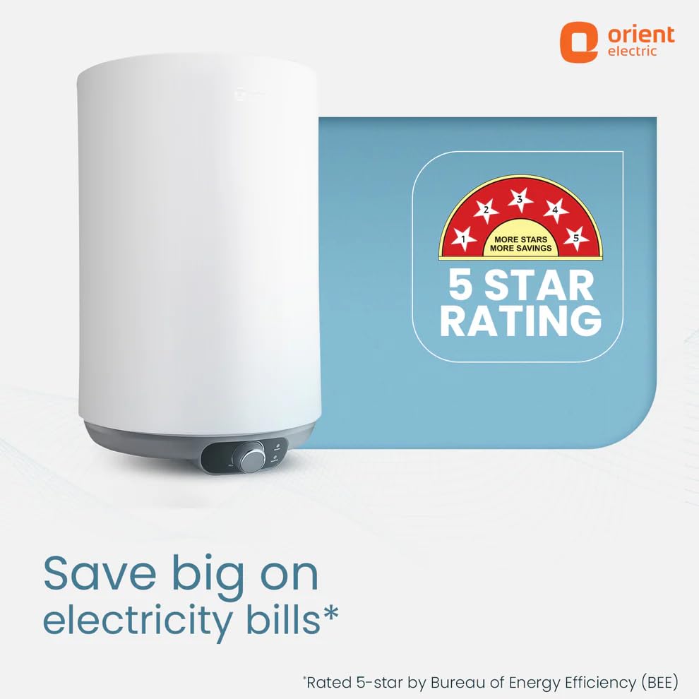A white cylindrical electric water heater shown next to a blue badge that says '5 Star Rating' with the Orient Electric logo. Text at the bottom reads 'Save big on electricity bills'.