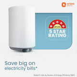 A white cylindrical electric water heater shown next to a blue badge that says '5 Star Rating' with the Orient Electric logo. Text at the bottom reads 'Save big on electricity bills'.