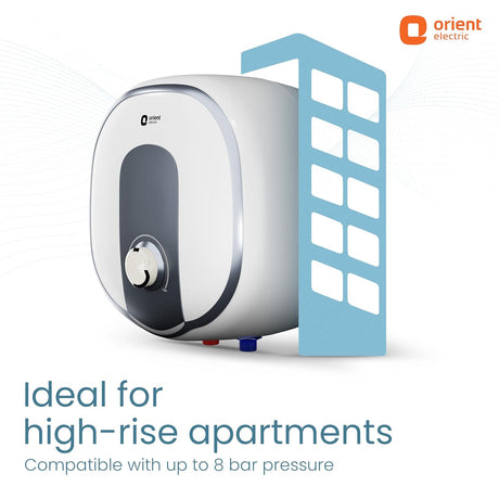 Orient Electric water heater shown next to a stylized blue building graphic, with text reading 'Ideal for high-rise apartments' and 'Compatible with up to 8 bar pressure' on a white background.