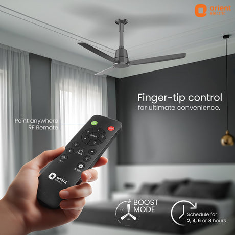 Ceiling fan with remote control in a room setting, emphasizing control and convenience.