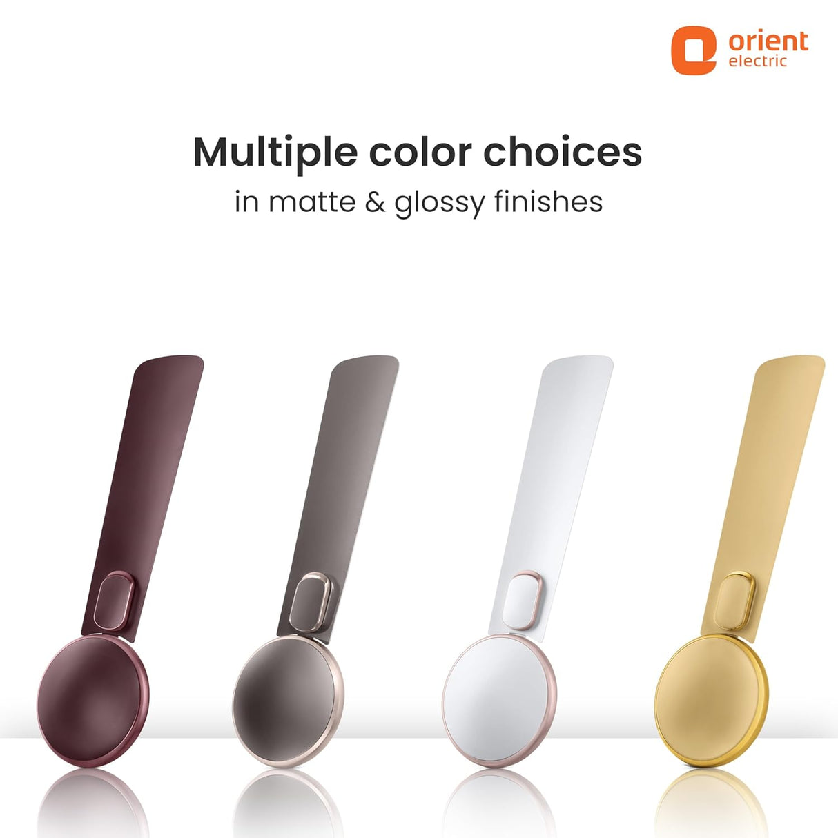 Set of four measuring spoons in different colors on a white background with Orient Electric branding.
