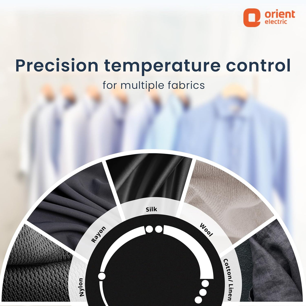Advertisement for Orient Electric's precision temperature control for multiple fabrics with fabric types shown.