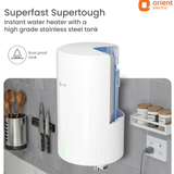 Wall-mounted water heater with kitchen utensils and containers in the background, featuring Orient Electric branding.