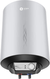 An electric water heater by Orient, featuring a brushed silver metallic body, a black base housing the control panel and connectors, and a white background.