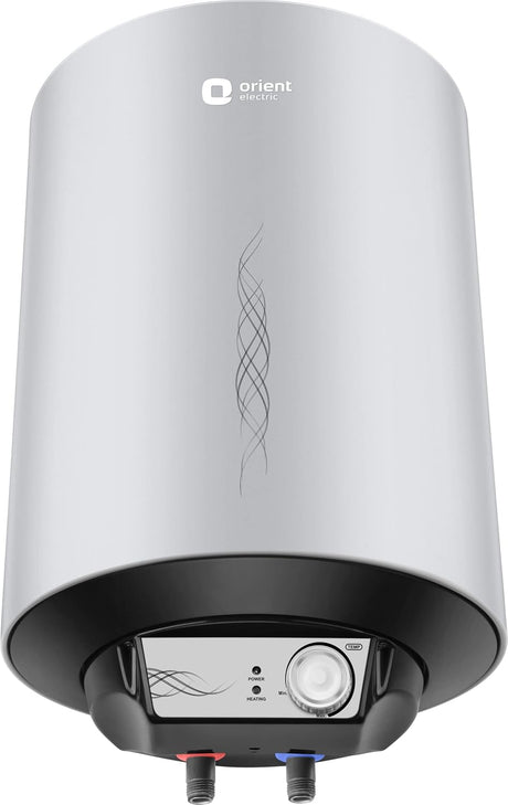 An electric water heater by Orient, featuring a brushed silver metallic body, a black base housing the control panel and connectors, and a white background.