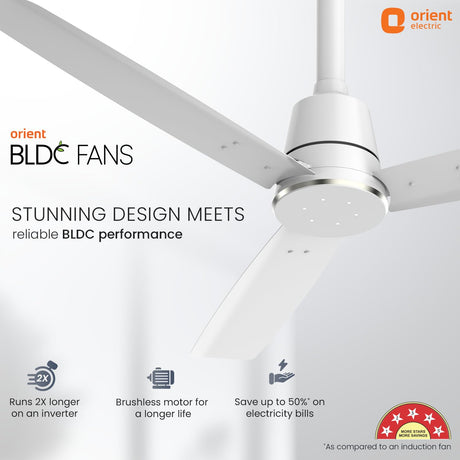 White ceiling fan with orient electric branding on a gray background